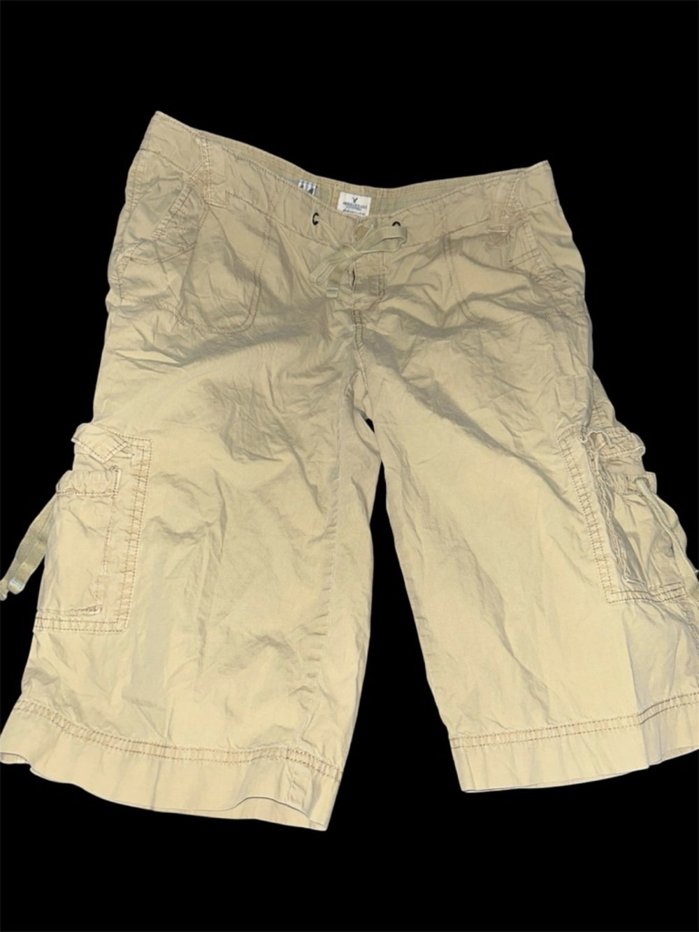 VTG American Eagle Cargo Capris Size 14 Khaki Blue Stitching Y2K Utility Gorp